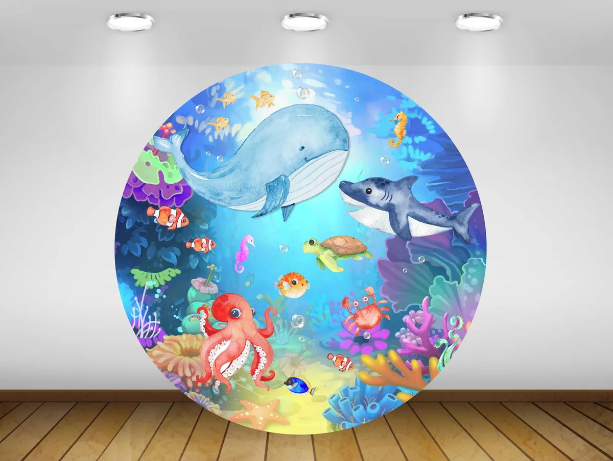 Happy Birthday Underwater World Cartoon Fish Shell Starfish Baby Party Banner Circle Backdrop Cute Shark Round Background