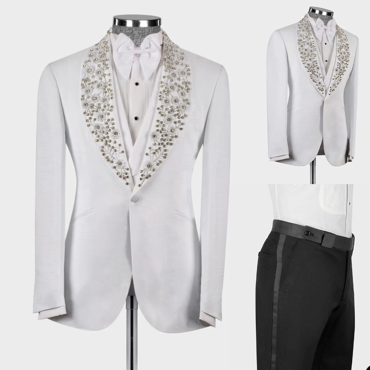 Costume de Mariage Exquis pour Homme, Smoking, Châle, Revers, Perles Appliquées, Poches à Un Bouton, Blazer Personnalisé, Pantalon sur Mesure, 2 Pièces