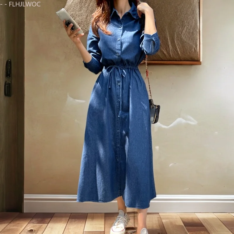 Denim Dresses New Autumn Woman Casual Cute Korea Chic Style Girls Retro Vintage Cotton Jeans Blue Button Long Maxi Shirt Dress