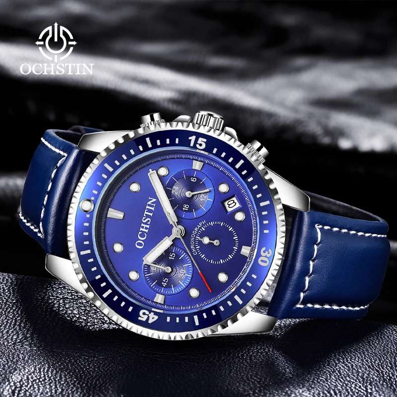 OCHSTIN Calendar Waterproof Classic New Wristwatch Man Leather Watch Strap Men‘s Multifunctional Quartz Movement Watches