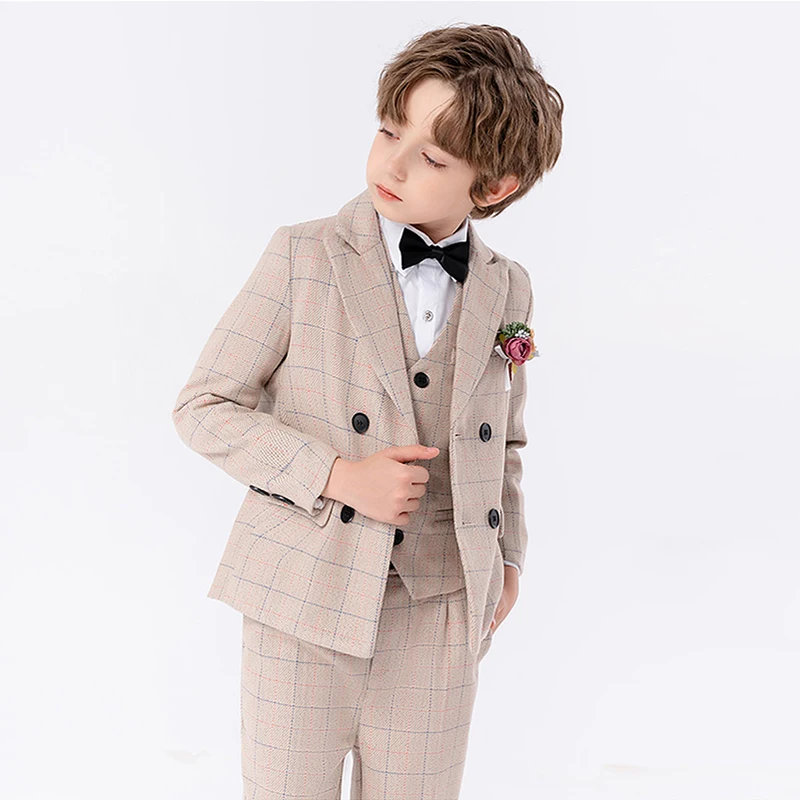 

Boys Formal Khaki Plaid Dress Suit Child Birthday Party Wedding Photography Performance Costume Kids Blazer Pants Bowtie Outfit