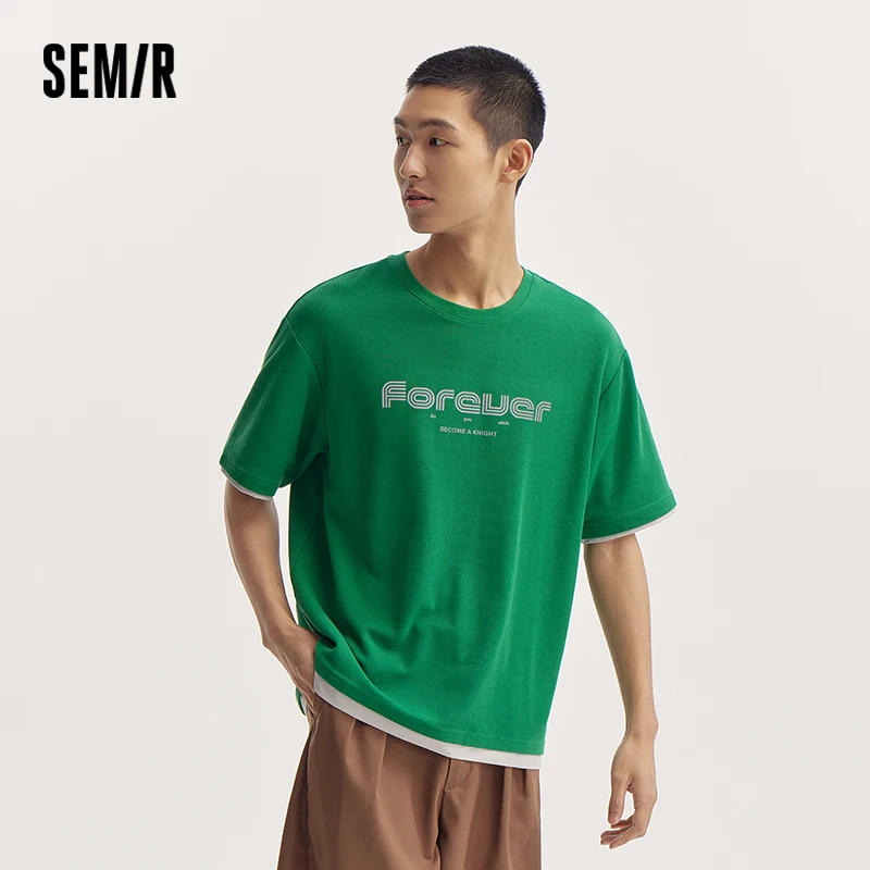 Semir Short Sleeve T-Shirt Men Autumn Textured Waffle Trendy Fake Two-Piece Fashion Printed Top