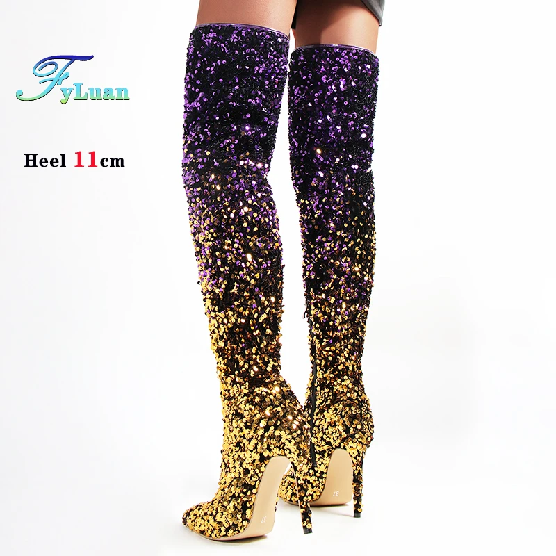 

Shiny Gradient Sequins Over-the-Knee Long Boots Women Stiletto Thin High-Heeled Pointy Toe Thigh Boots Glitter Sequined Shoes