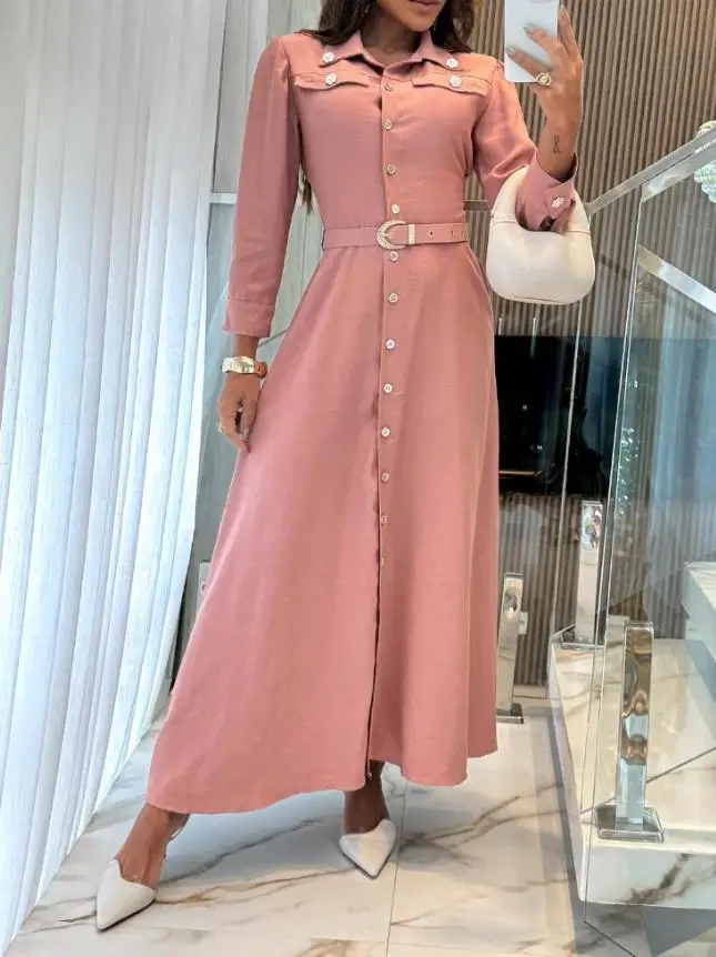 

Womens Dresses Pearls Flower Decor Turn-Down Collar Button Down Shirred Back Shirt Dress Casual Flap Detail Work Dress with Belt