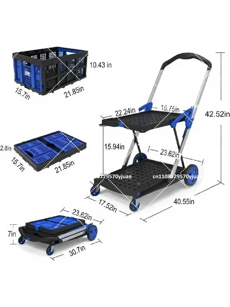 Collapsible Grocery Shopping Cart with 2 Storage Crates, Multi-Use Functional Blue Tote