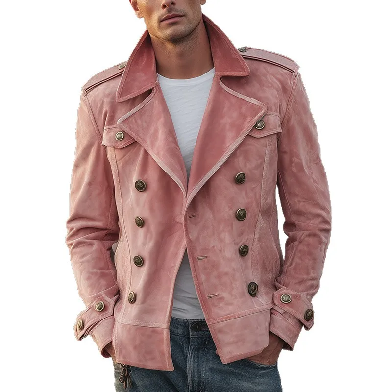 Pink Double Breasted Faux Suede Cropped Mens Jacket Bronze Button Polyester Loose Fit Casual Street Outerwear Windproof Coat