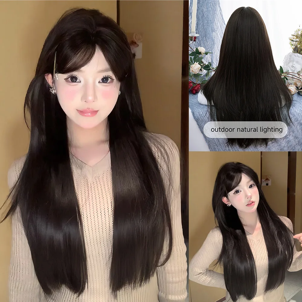 28Inch Natural Black Sexy Synthetic Wigs Middle Part Long Silky Straight Hair Wig For Women Daily Use Cosplay Heat Resistant