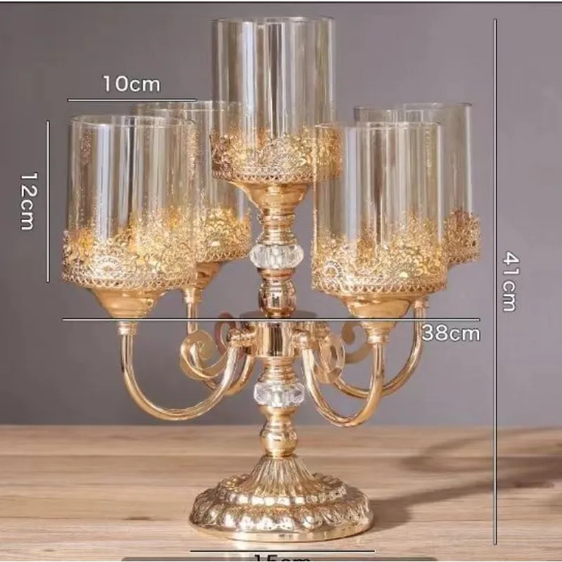 

Metal five-headed candle holder, wrought iron candle holder, gold retro candle cup, crystal decorative handicraft ornament.