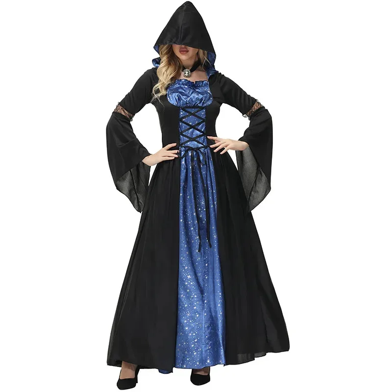 Umorden Halloween Blue Sky and Star Moonlight Sorceress Costume for Adult Women Hoodie Long Dress