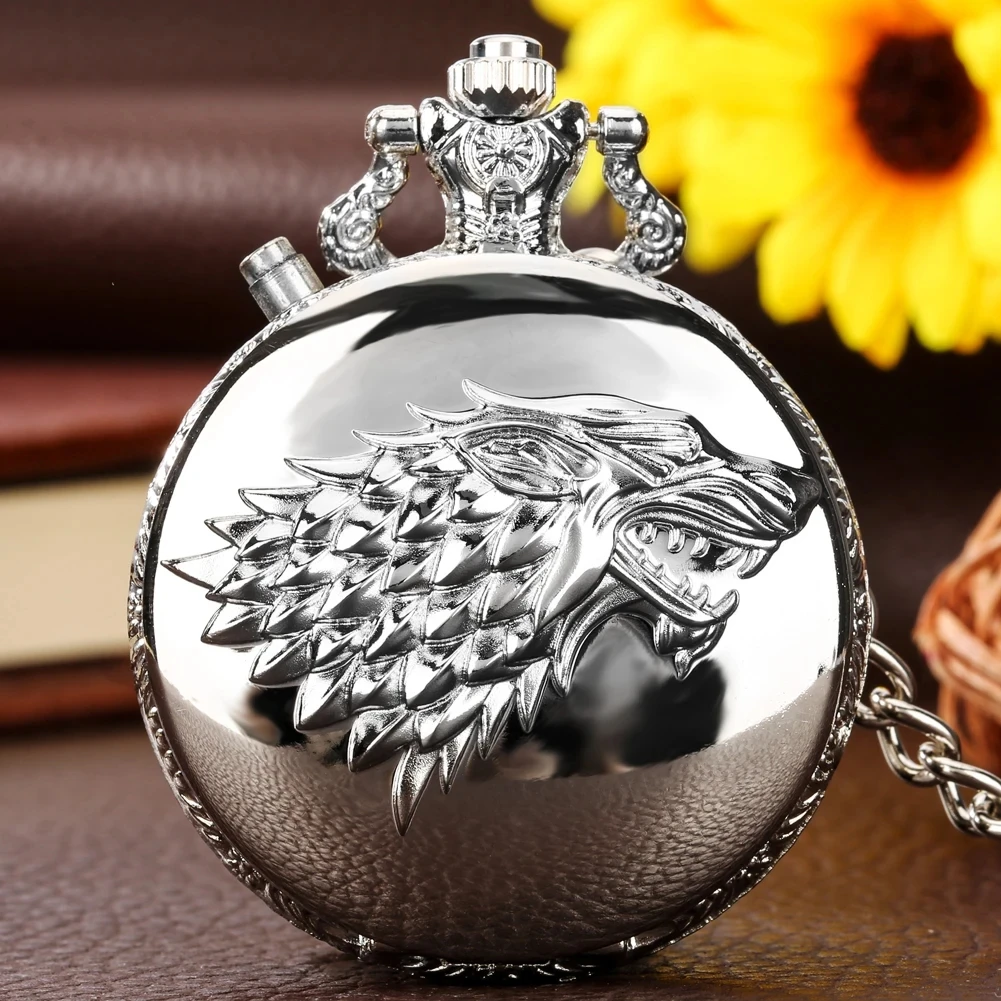 House Stark-Steampunk Quartz Pocket Watch, Embossed Bronze, Luminous LED, Winter Is Coming, Gift