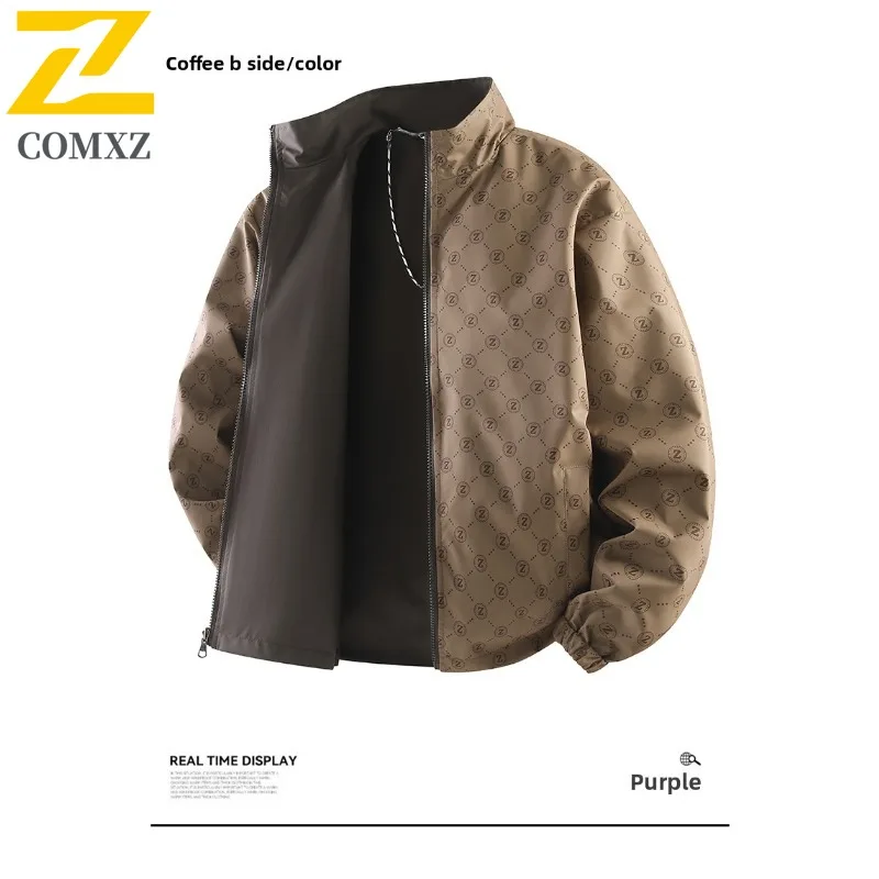 COMXZ 2025 Mens All Over Print Stand Collar Reversible Jacket Spring Autumn Casual Cardigan Simple Solid Color Trendy Coat