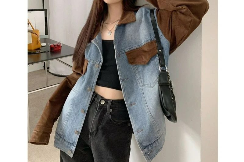 Loose Autumn Vintage Versatile Age Reducing Patchwork Workwear Denim Jacket for Women
