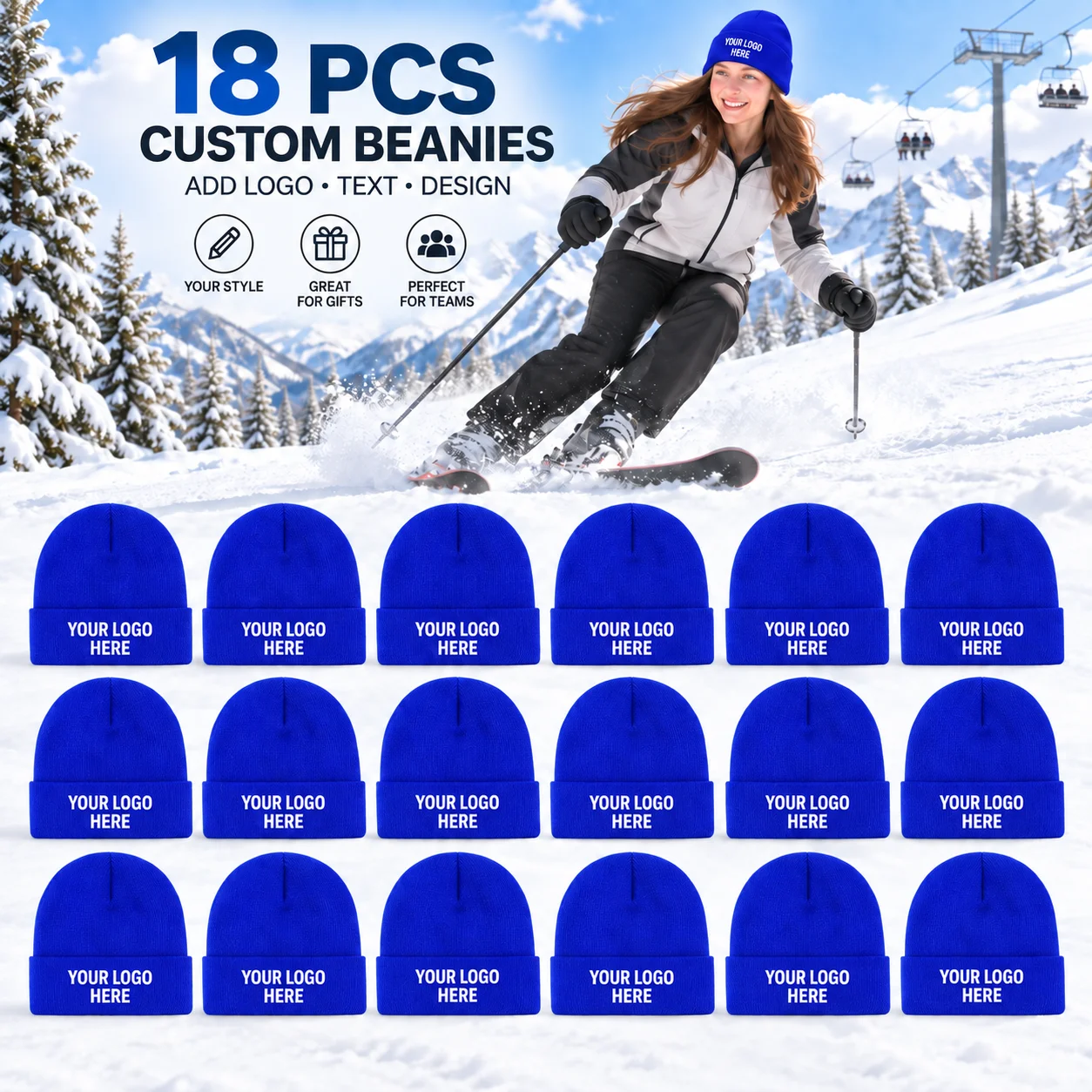 18 custom knit hats, you can print your logo, text, or design on them, available in various colors, perfect for teams, clubs, co