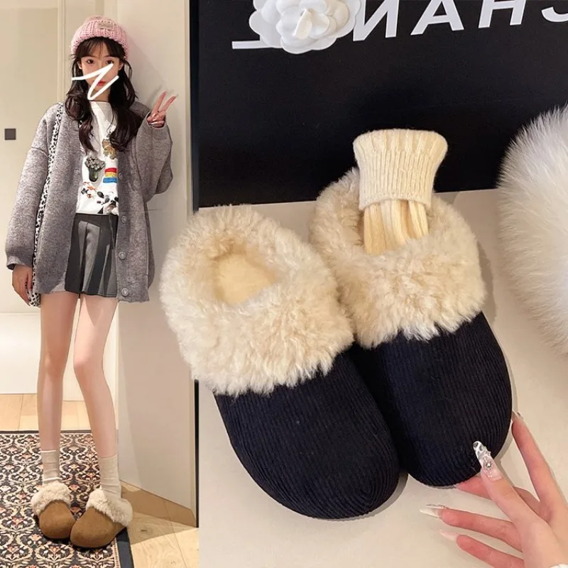 

Thick Winter Warm Woman Fur Slippers House Non Slip Soft Shoes Comfort Flat Heel Home Indoor Bedroom Plush Slippers Female New
