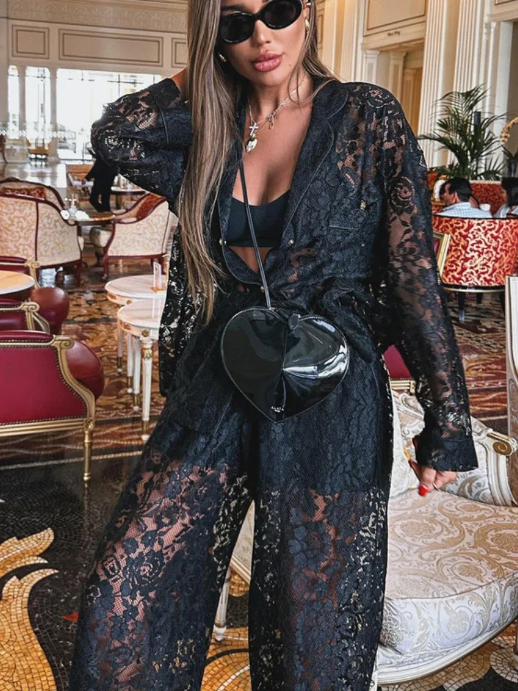 Red Sexy Y2k Lace 2-Piece Autumn Fashion Spice Girl Hollow Perspective Lapel Shirt Wide Leg Trousers Elegant Commuter Suit Women