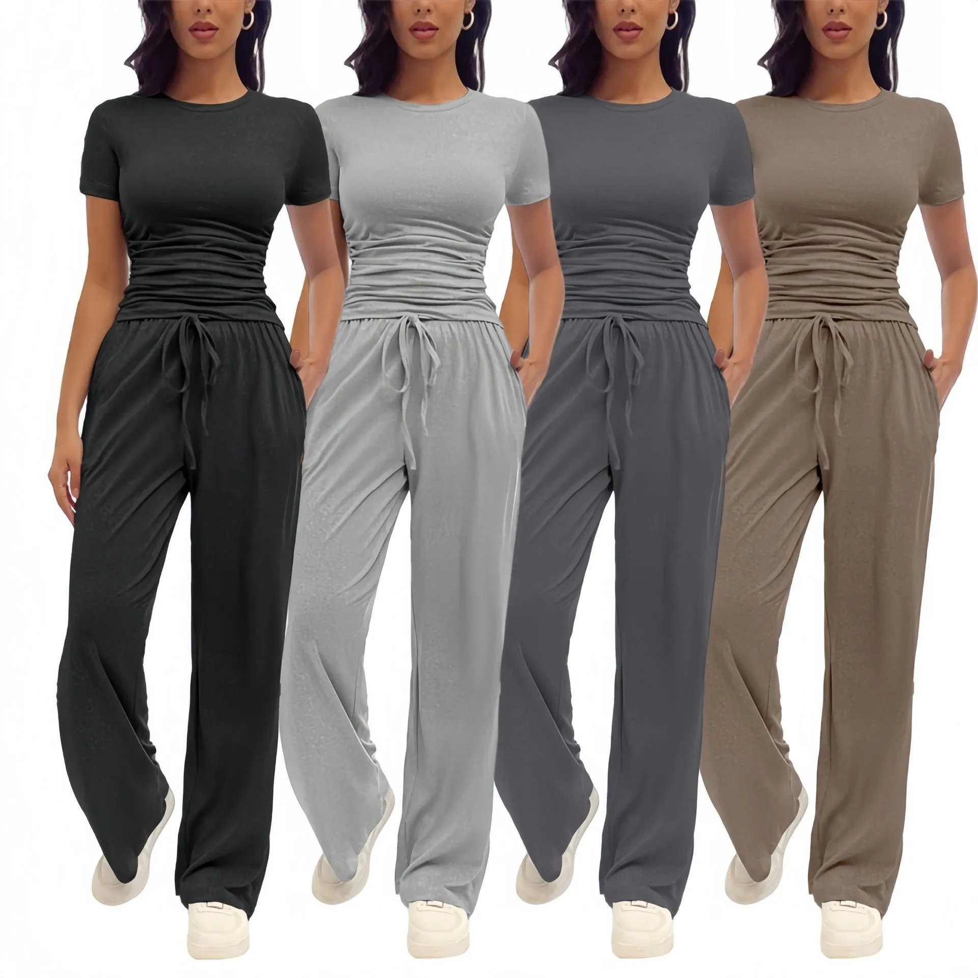 Summer Pajamas Set Woman Two Piece Set Short Sleeve Round Neck T-Shirt Soft Solid Color Sleepwear Loungewear Sets Pajama