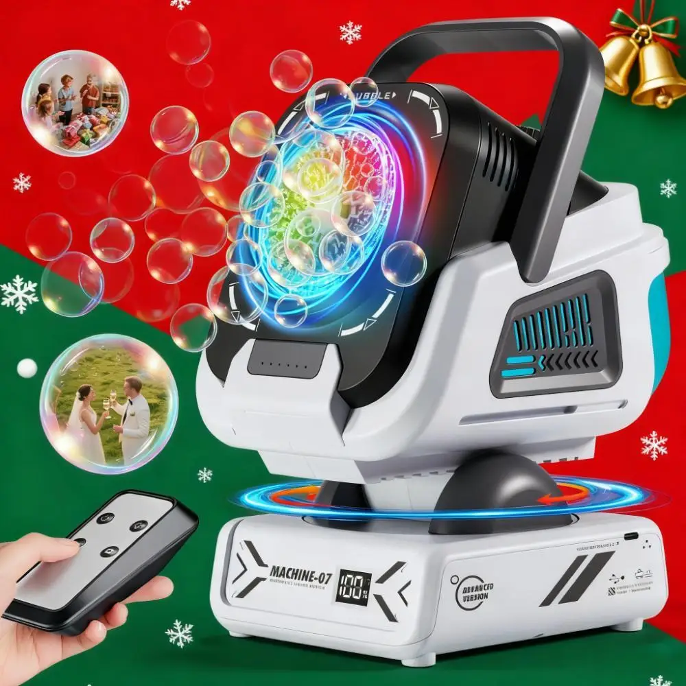 Máquina de burbujas RC mejorada 2025: rotación automática, luces RGB, recargable tipo C de 1800 mAh: perfecta para niños y eventos.
