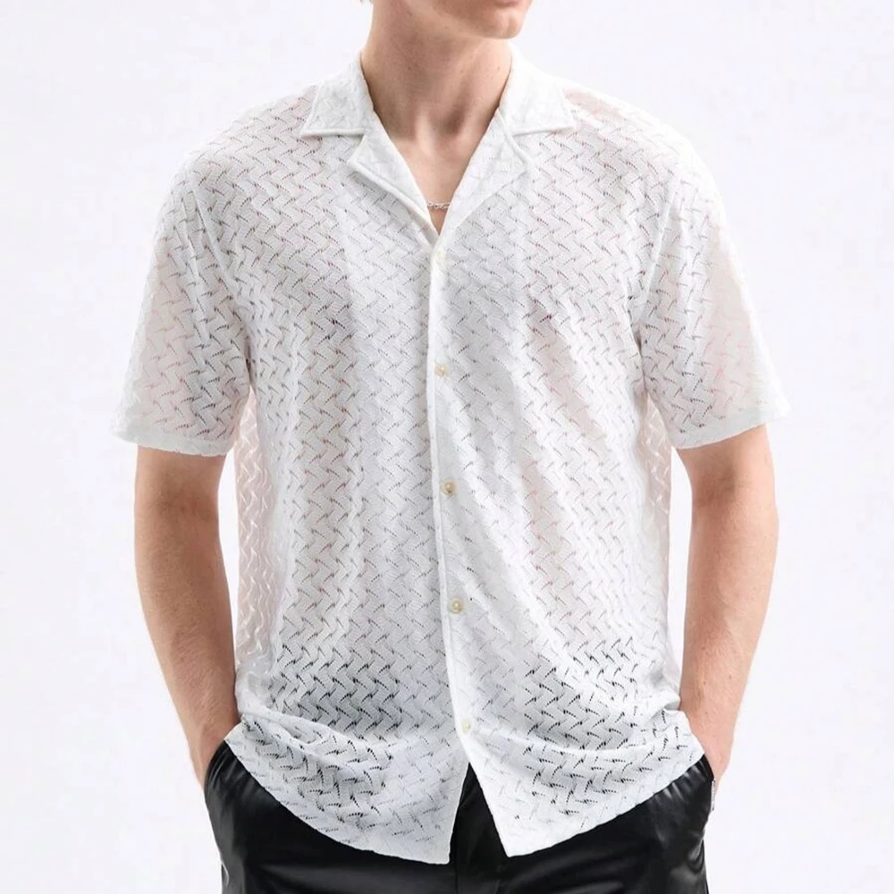 

Summer Men's Solid Color Semi-Transparent Knitted Jacquard Short-Sleeved Shirt Retro Fashion Trend Casual Breathable Men's Tops