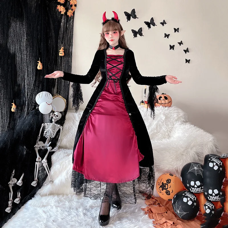Girl Cosplay Witch Dress Halloween Costume Vampire Retro Medieval Court Queen Dress Up Stage Performance Adult Party Dress