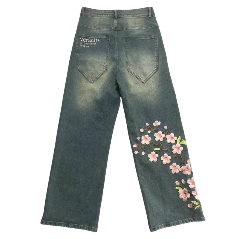 Y2K ウォッシュ加工ダメージジーンズヴィンテージ桜柄刺繍ハイウエストワイドレッグジーンズ男性女性ファッションストリート