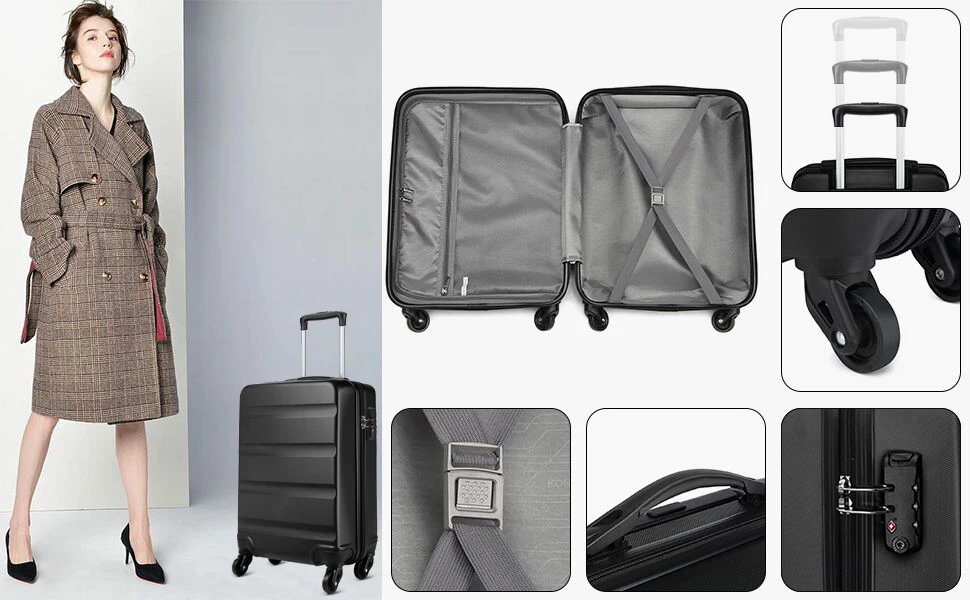KONO Koffer Leichter Hartschalenkoffer, Trolley Reisekoffer mit 4 Zwillingsrollen & TSA-Schloss, ABS Material（S M L ） – Detail 6