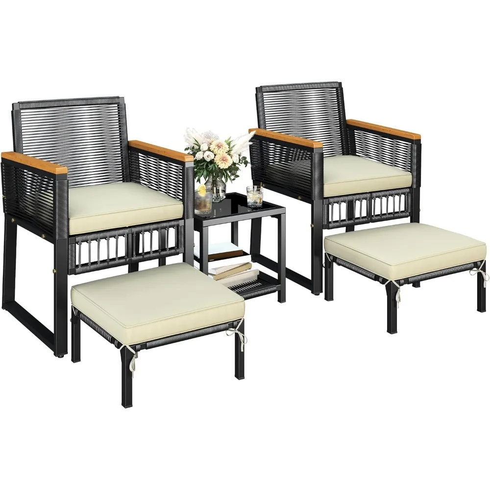 

5-Piece Outdoor Conversation Set, Wicker Rattan Patio Furniture Set w/Rattan Armchairs, 2-Layer Side Table, Ottomans, Acacia Wo