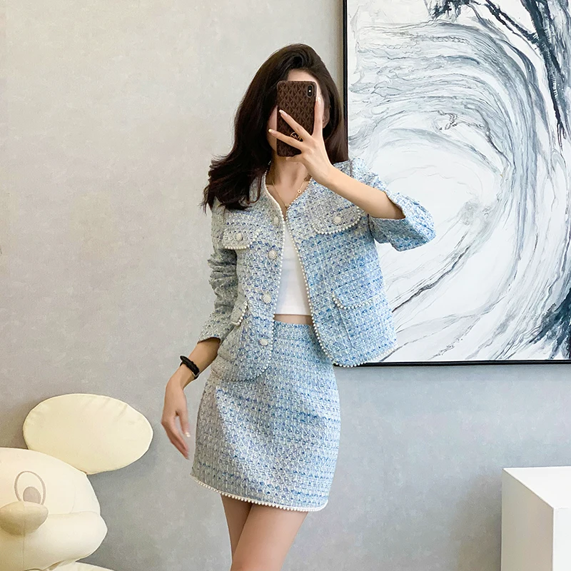 

Women Elegant Vintage Tweed Fragrant Suit Jacke Coat Top And Skirt Two Piece Set Outfit Winter Pearl Jacquard Party Clothing