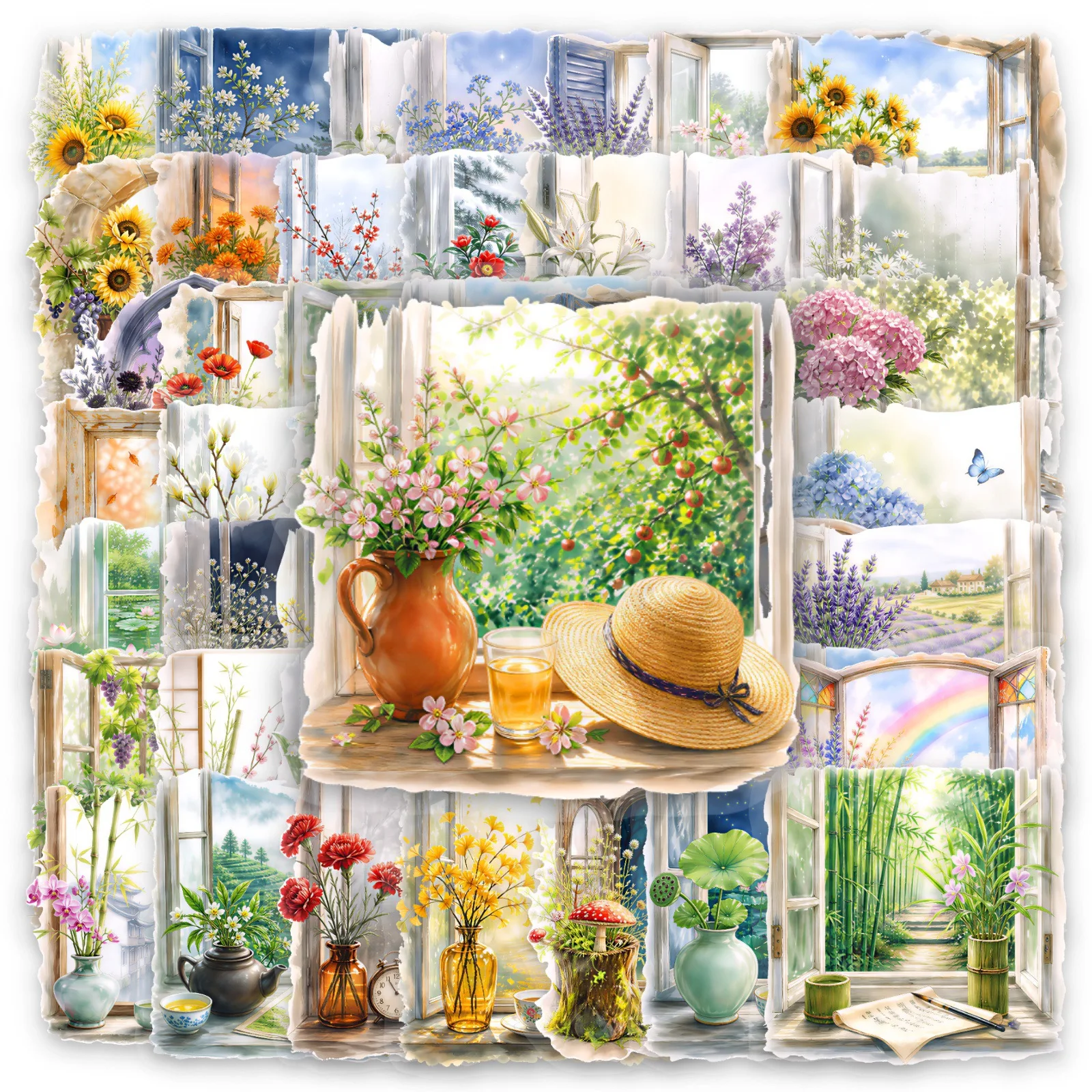50 PCS Exquisite Window View Flower Four Seasons Scenery Stickers Decorate Window Fridge Scrapbook Phone Case Laptop Vinyl Decal