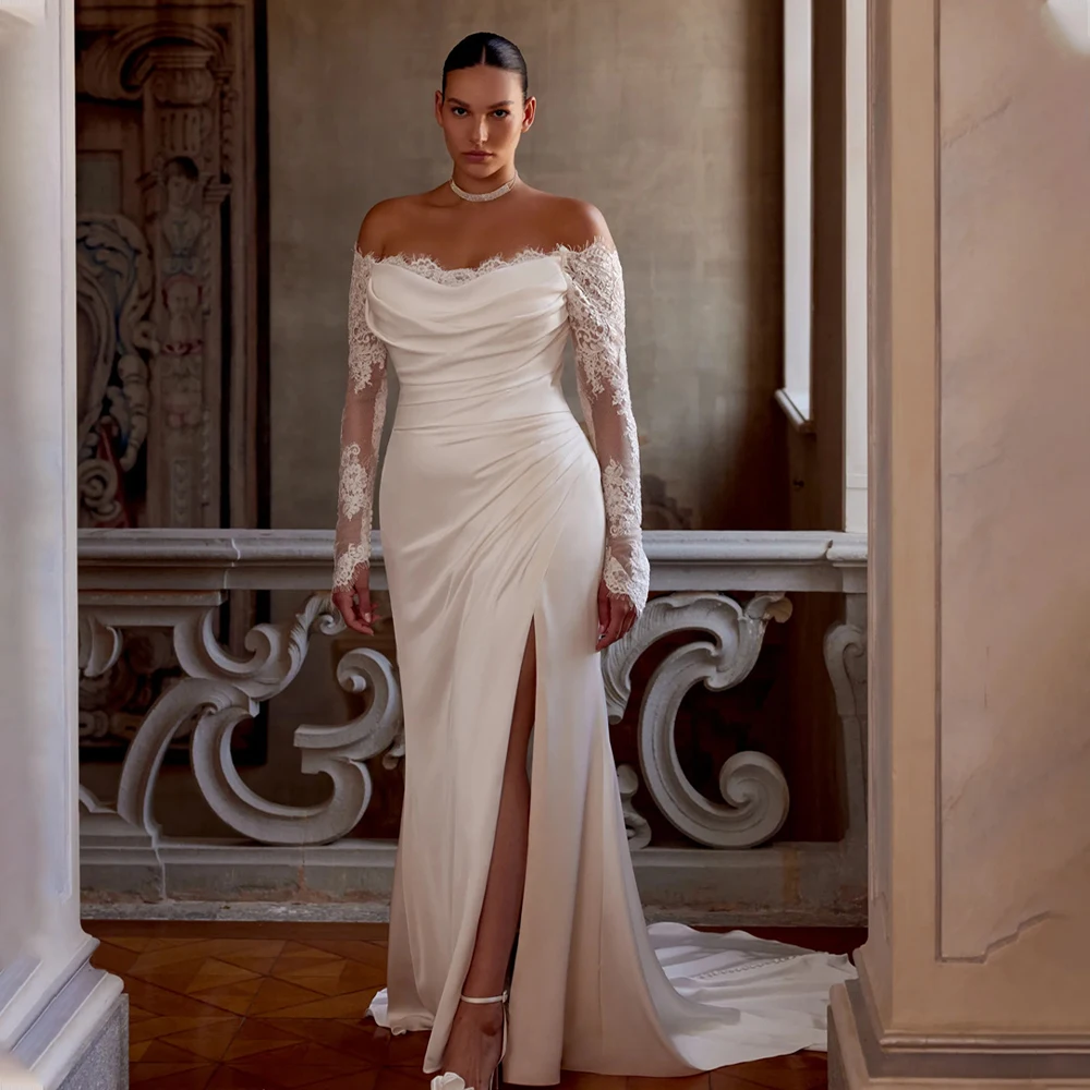 New Off The Shoulder Scoop Neckline Lace Applique Full Sleeves  Sheath/Mermaid Wedding Dresses Side Slit  2025 Rode De Morrie