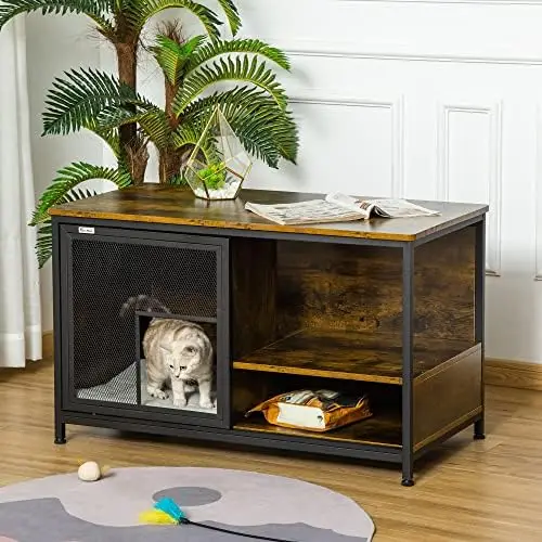 Wooden Cat Crate, Furniture Style Dog Cage, Puppy Kennel Indoor, End Table Pet House with Cushion and Sliding Doors