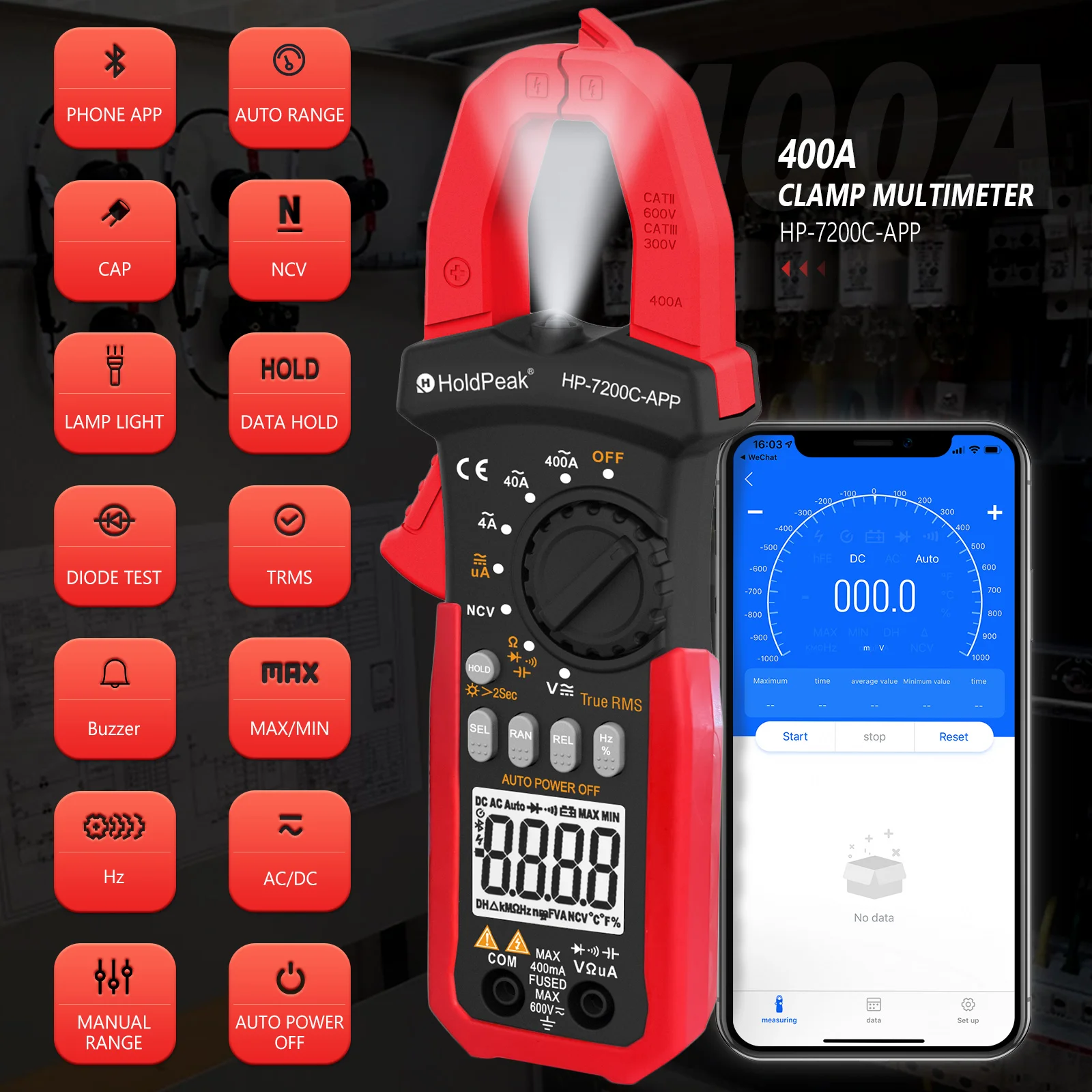 HoldPeak HP-7200C 4000 Counts AC True-RMS Clamp Multimeter with APP, Bluetooth, 600V CATII, 400A, for Voltage/Current/Resistance