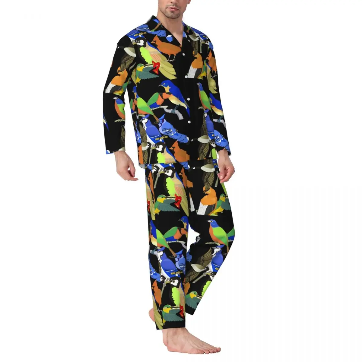 Wild Bird Sleepwear Autumn Colorful Tropical Animal Loose Oversize Pajama Set Male Long Sleeve Fashion Home Printed Nightwear