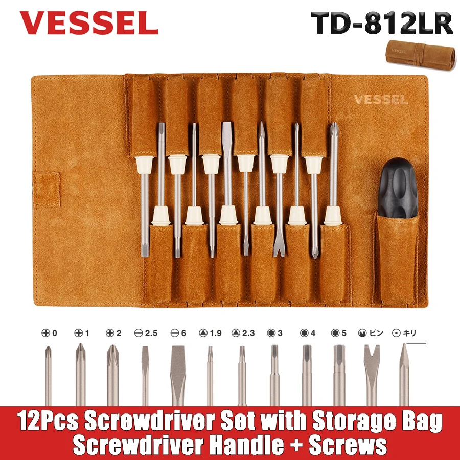 VESSEL TD-812LR 12Pcs Multifunctional Screwdriver Set with Storage Bag Screwdriver Handle with Screws Bit Hand Tool Accessories