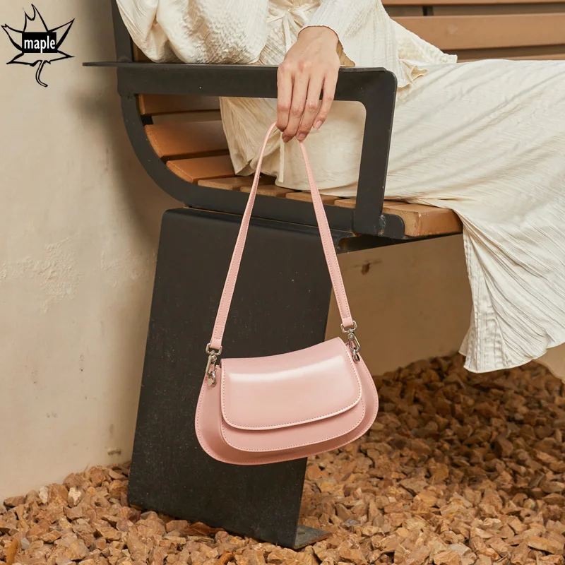 

Ins Chic Niche Design Small Saddle Bag Simple Glossy Split Cow Leather Women Shoulder Crossbody Bag Pink Summer Day Purse