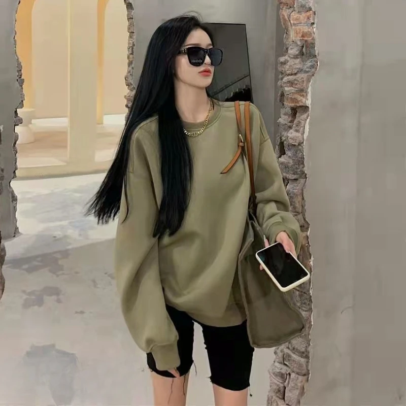 Green Sweatshirts Women Loose O-neck Gentle Vintage Harajuku Leisure American Students All-match Y2k Fashionable Boyfriend Daily