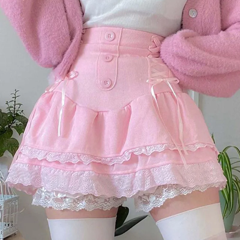 Pink Lolita Mini Skirt for Women, Sexy Irregular Strap, Dark Lace Patch, Pleated Skirt, Casual High Waist, Bandage, Gothic Dress