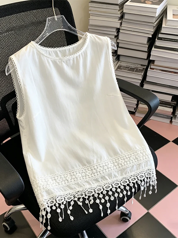 

Summer 2026 Lace Trim Bell Sleeveless round Neck Loose Women's Top Unique Ageless Korean Style Commute Fashion Pear Body Type