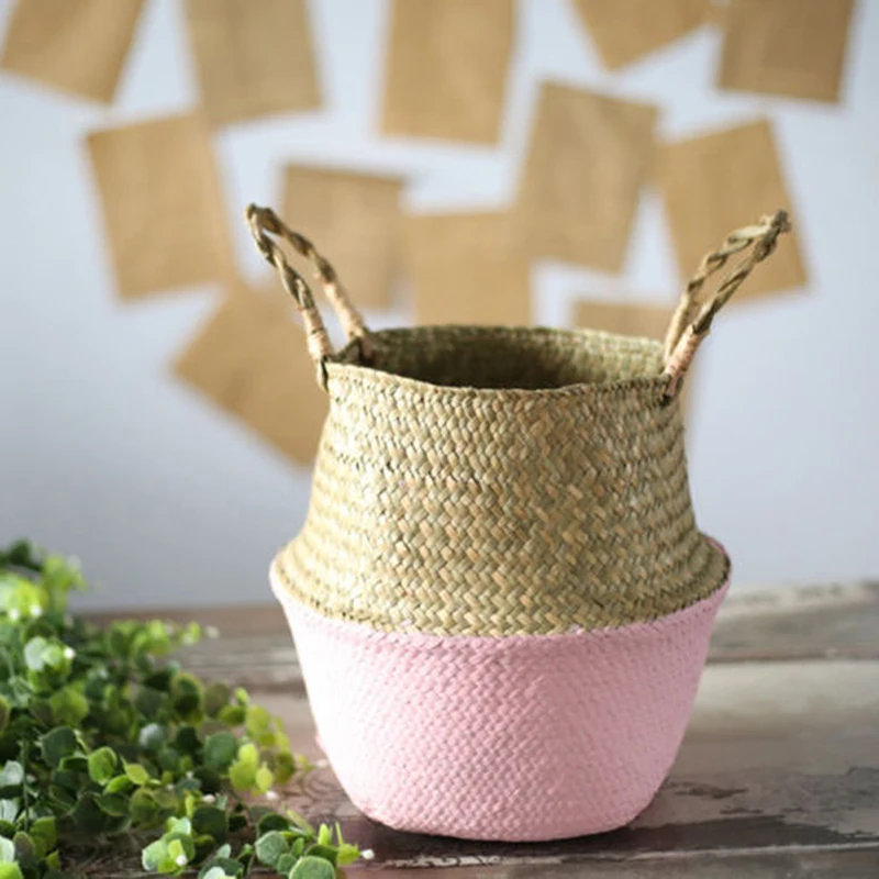 New Foldable Bamboo Storage Baskets Wicker Rattan Laundry Straw Patchwork Flower Pot Seagrass Belly Garden Planter Basket
