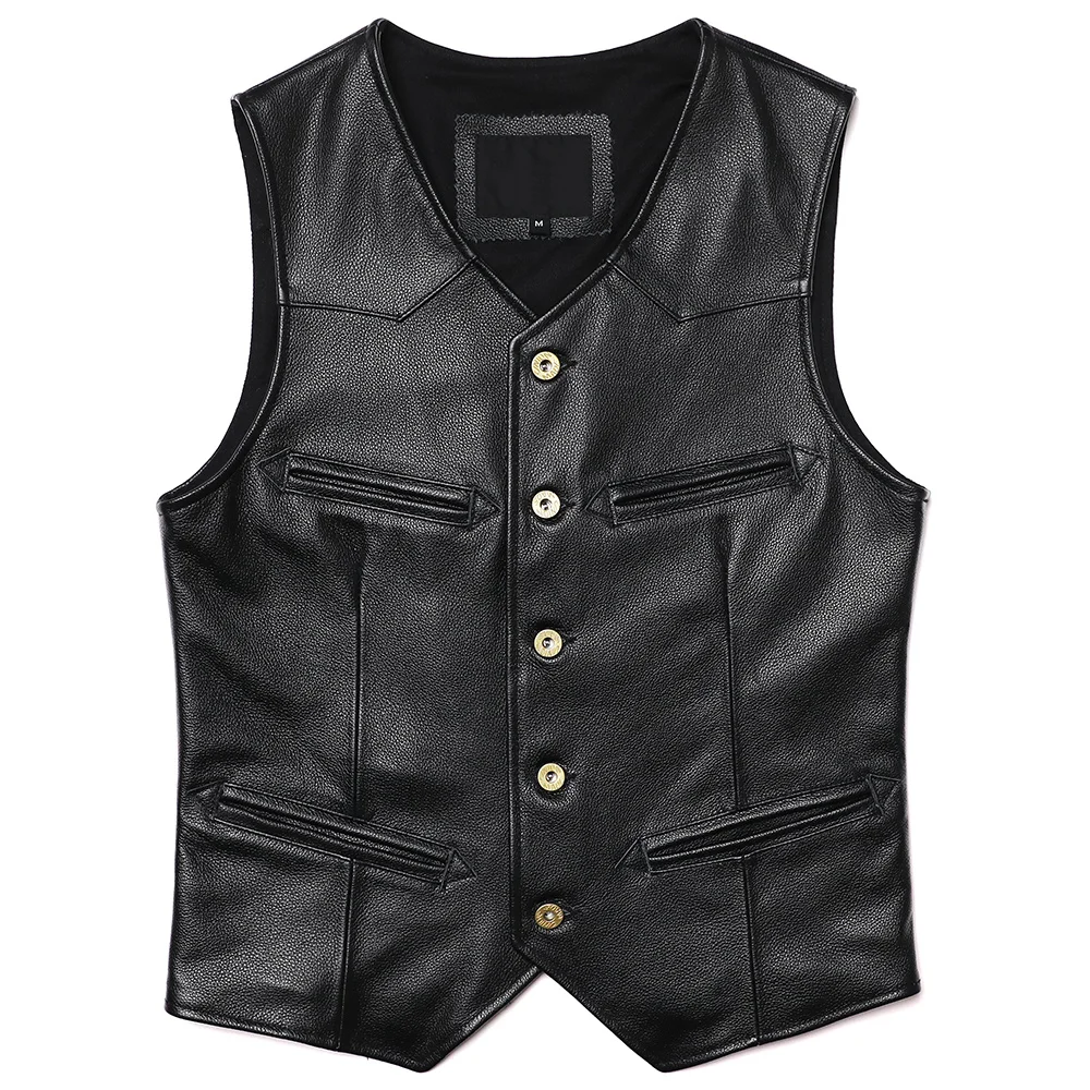 

New V-neck Genuine Leather Vest Men's Natural Cowhide Slim Sleeveless Jacket Business Gentleman Vashion Waistcoat