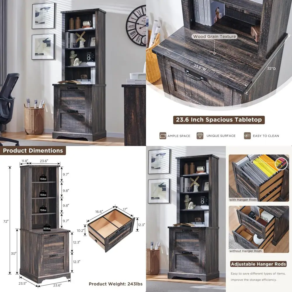 72" farmhouse-style tall bookshelf with storage, adjustable shelves & 2 drawers