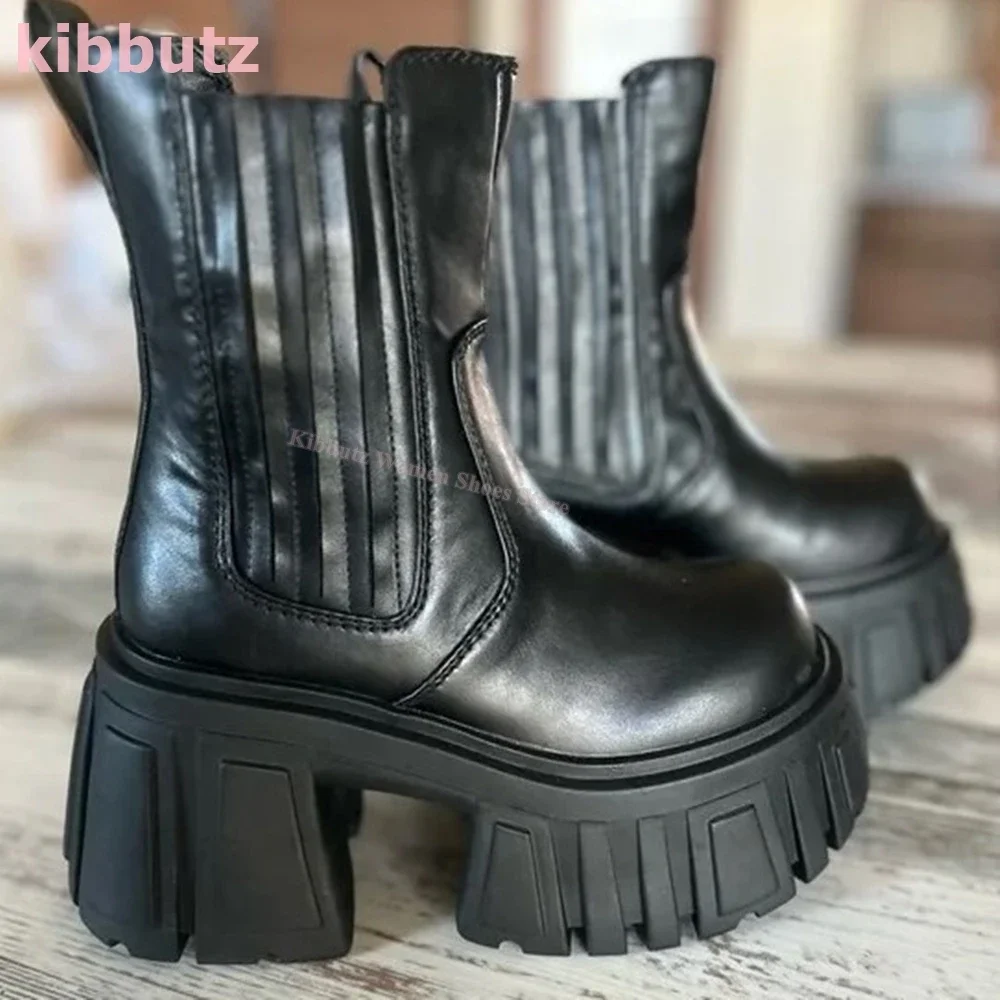 

Thick Bottom Motorcycle Ankle Boots Round Toe Luxury Leather Solid Color Black Slip-On Fashion Elegant Concise Women Shoes New
