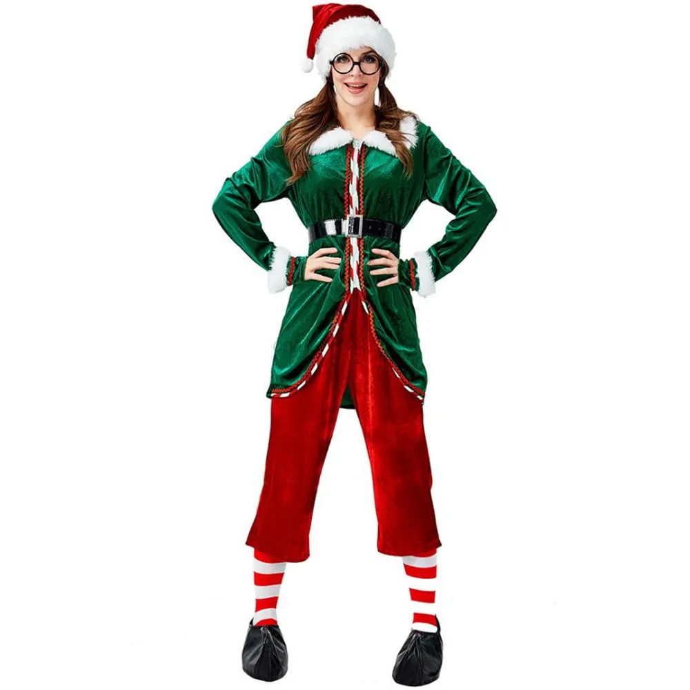 6Pcs Women Christmas Santa Claus Costume Green Elf Cosplay Christmas Party Clothes Set For Adults New Year Xmas Fancy Dress