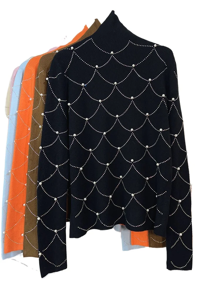 

Модный женский вязаный свитер с вышивкой бисером и стразами, осенне-зимние топы