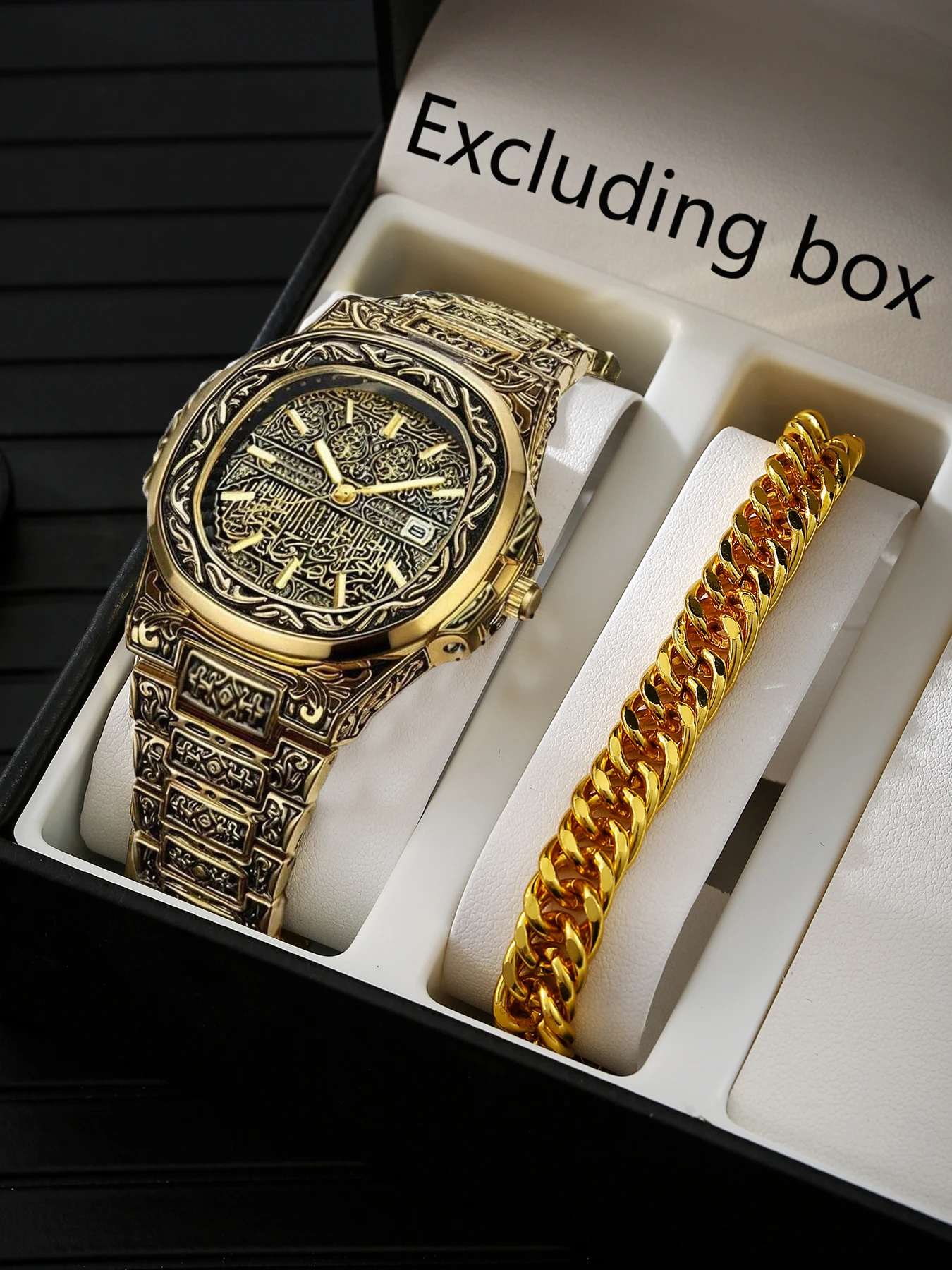 4Pcs Vintage Engraved Gold Men Watch Jewelry Set