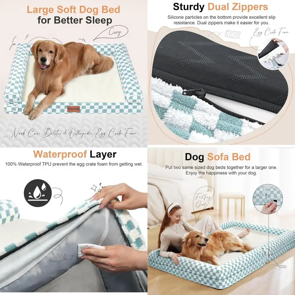 

Orthopedic XL Dog Bed - Washable, Waterproof, Removable Cover, Green Grid for Large Dogs