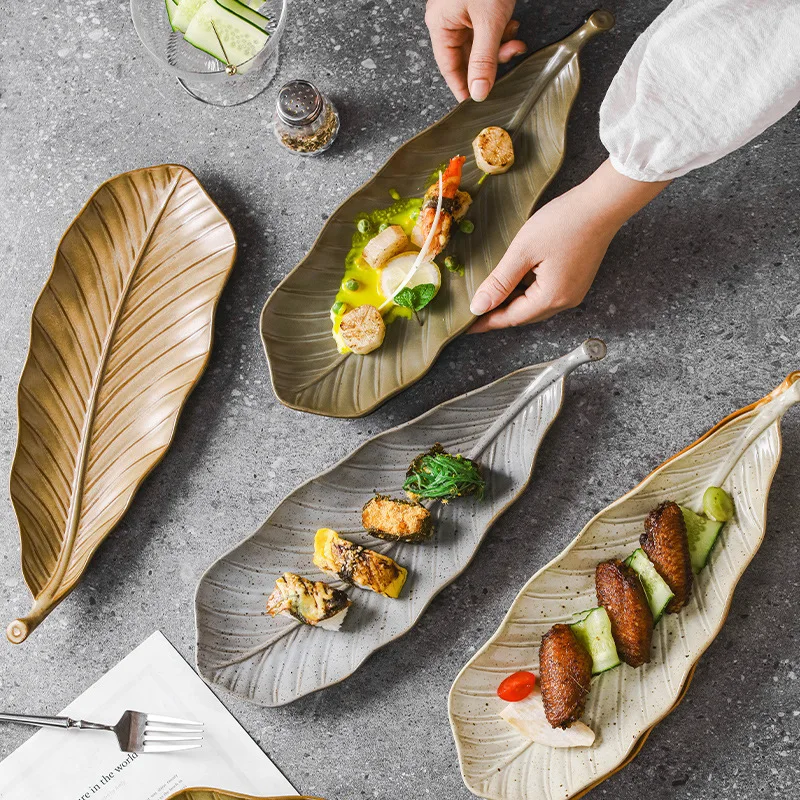 

Ceramic Leaf Shaped Sushi Irregular Plate Grilled Skewers Household Creative Fish Plate Western Restaurant Cuisine Sashimi Plate