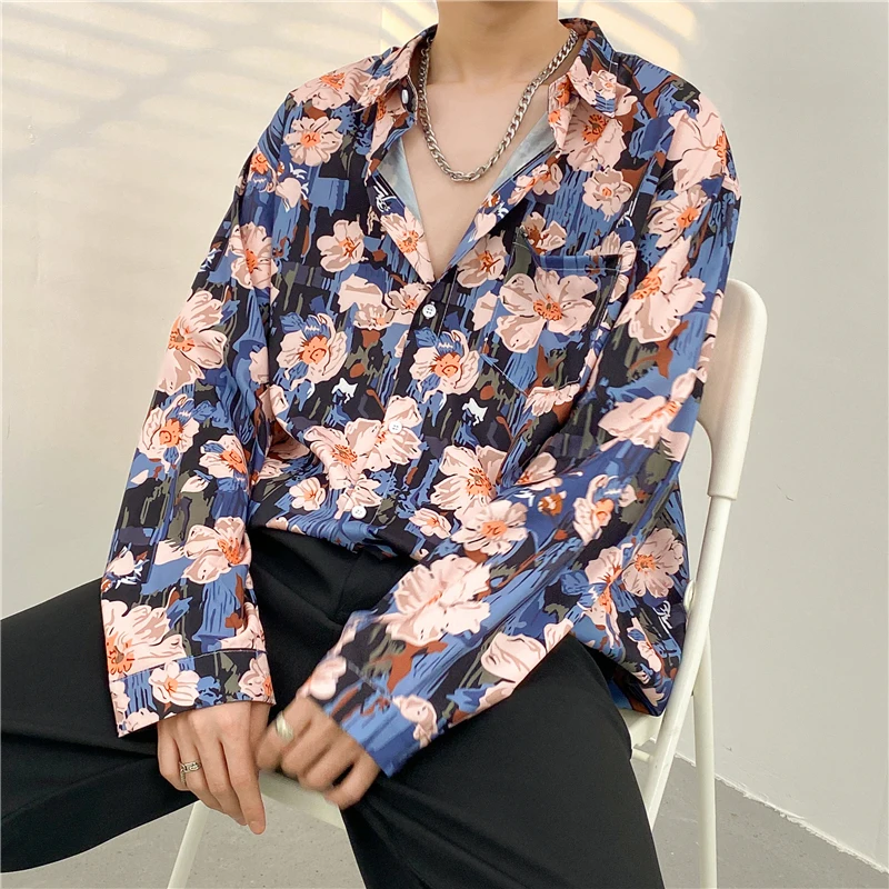 

Floral Print Long Sve irt for Men Sli Hong Kong Sle Casual irt Teenage Trend Autumn Season Loose Fit Polyester F...