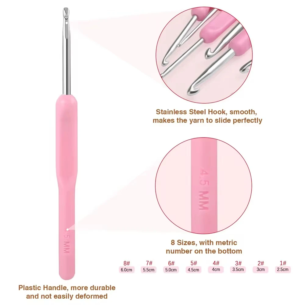 8Pcs/set Crochet Hooks Knitting Needles Made of Aluminium Ergonomic Crochet Hooks with Plastic Handle for DIY Beginners