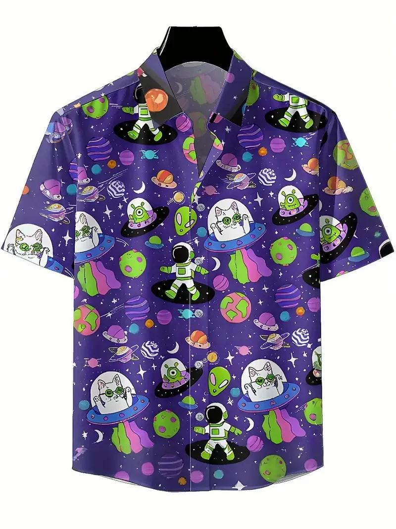 

Men's Short Sleeve Hawaiian Shirt Full Print Astronaut & Pizza Space Adventure Theme Button-Up Aloha Shirt Men's Vacation Blouse