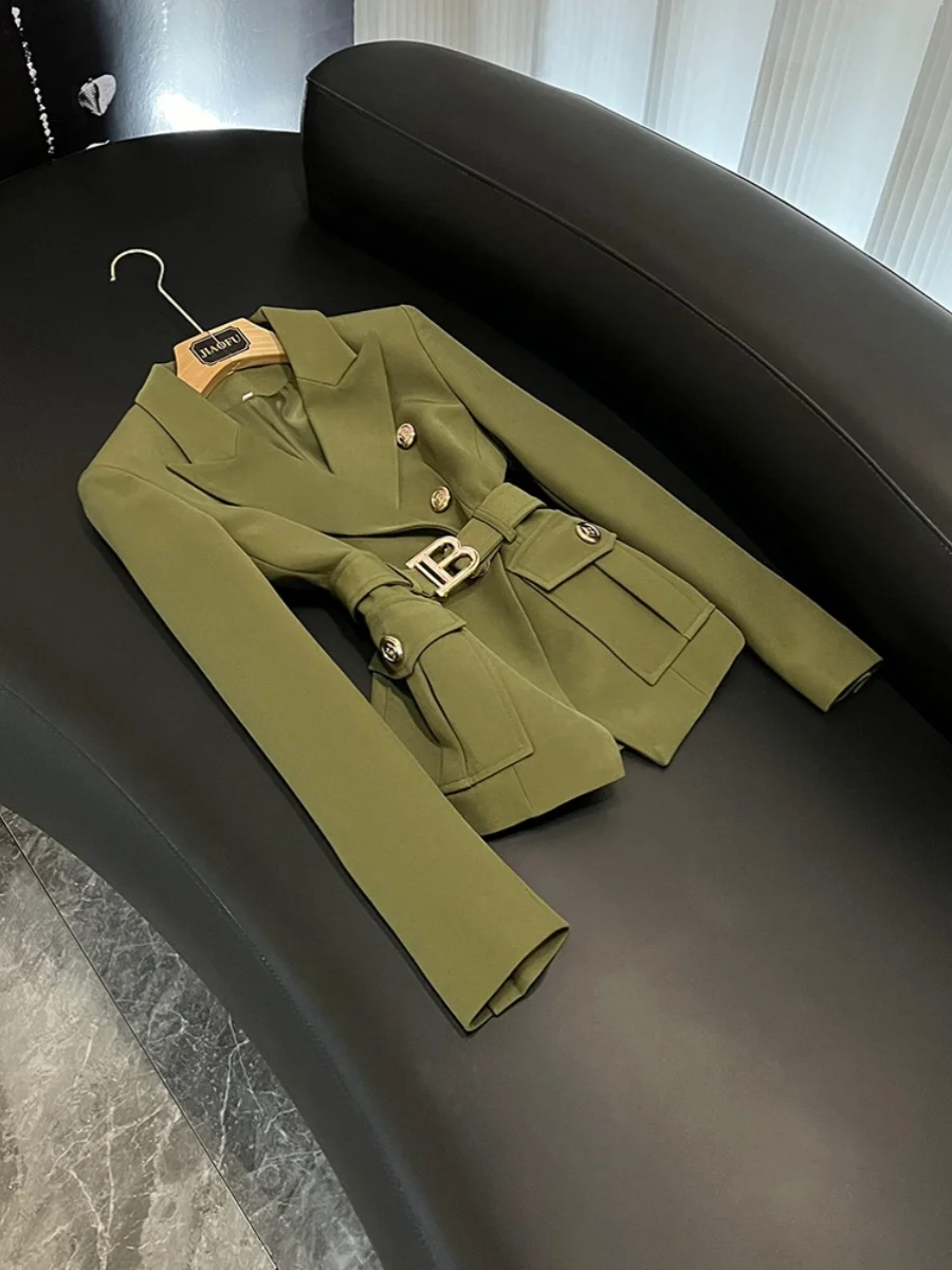 

Женский приталенный однотонный костюм-джакет с поясом, стандартный крой B6965 для поездок на работу, длинный све, двойная пуговица